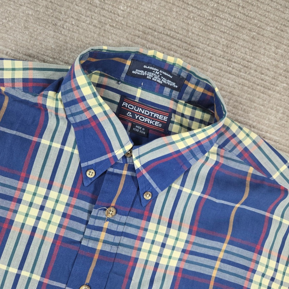 Roundtree & Yorke Mens M Blue Plaid Gingham Short Sleeve Button Down Shirt